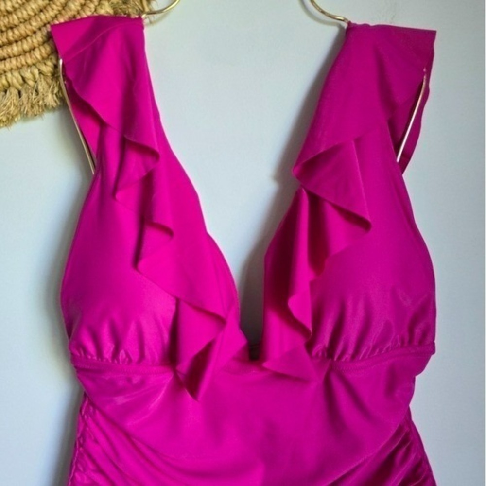 J. Crew NEW Radiant Fuchsia Pink Ruched Ruffle V-Neck One Piece Swimsuit SZ 14 - Picture 4 of 11